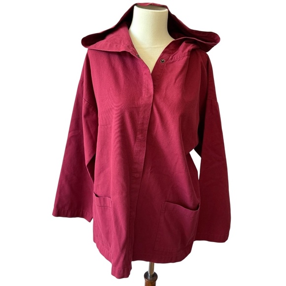 EILEEN FISHER JACKET SM CANVAS TWILL COTTON SNAP FRONT HOOD POCKETS RELAXED - Picture 1 of 12